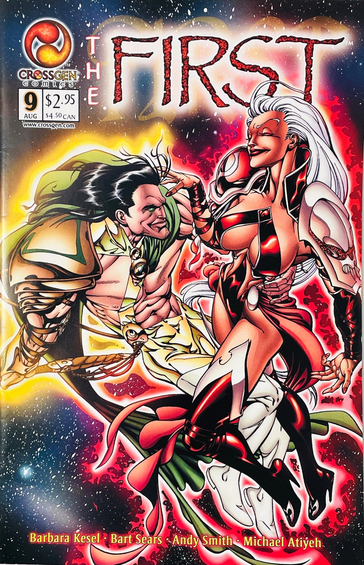 Seahn embracing long white-haired Inanna floating in cosmic space on Bart Sears cover of The First issue 9.
