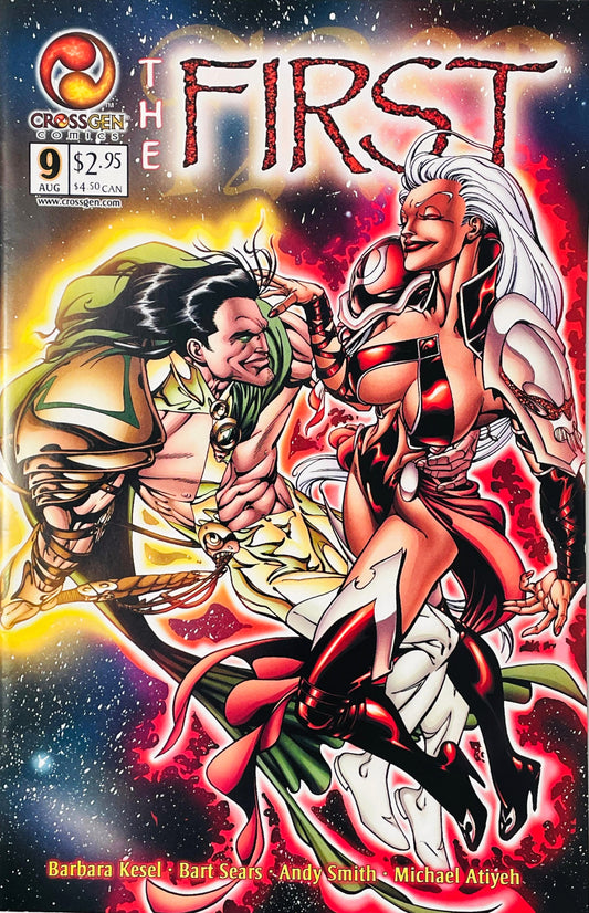 Seahn embracing long white-haired Inanna floating in cosmic space on Bart Sears cover of The First issue 9.