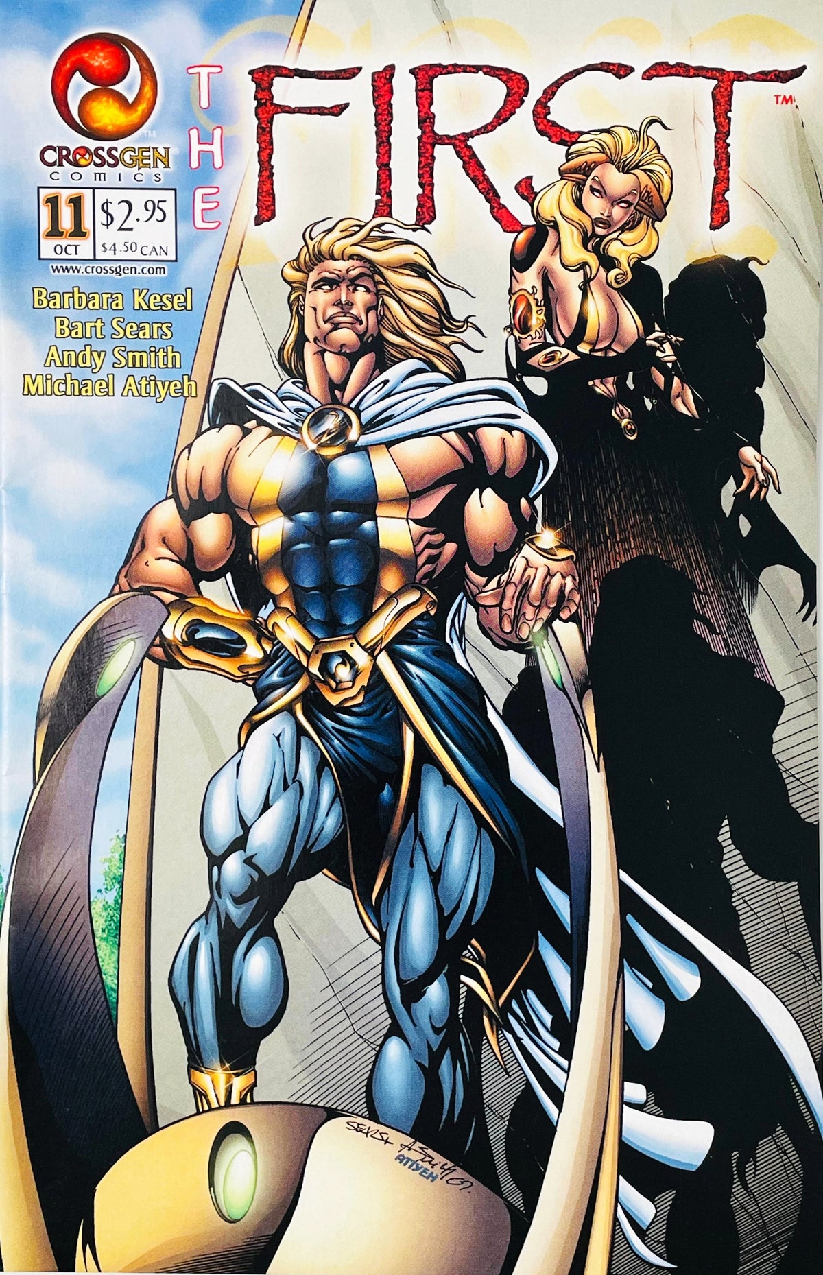 Muscular blonde Pyrem in armor standing in front of Ingra on Bart Sears cover of The First issue 11.