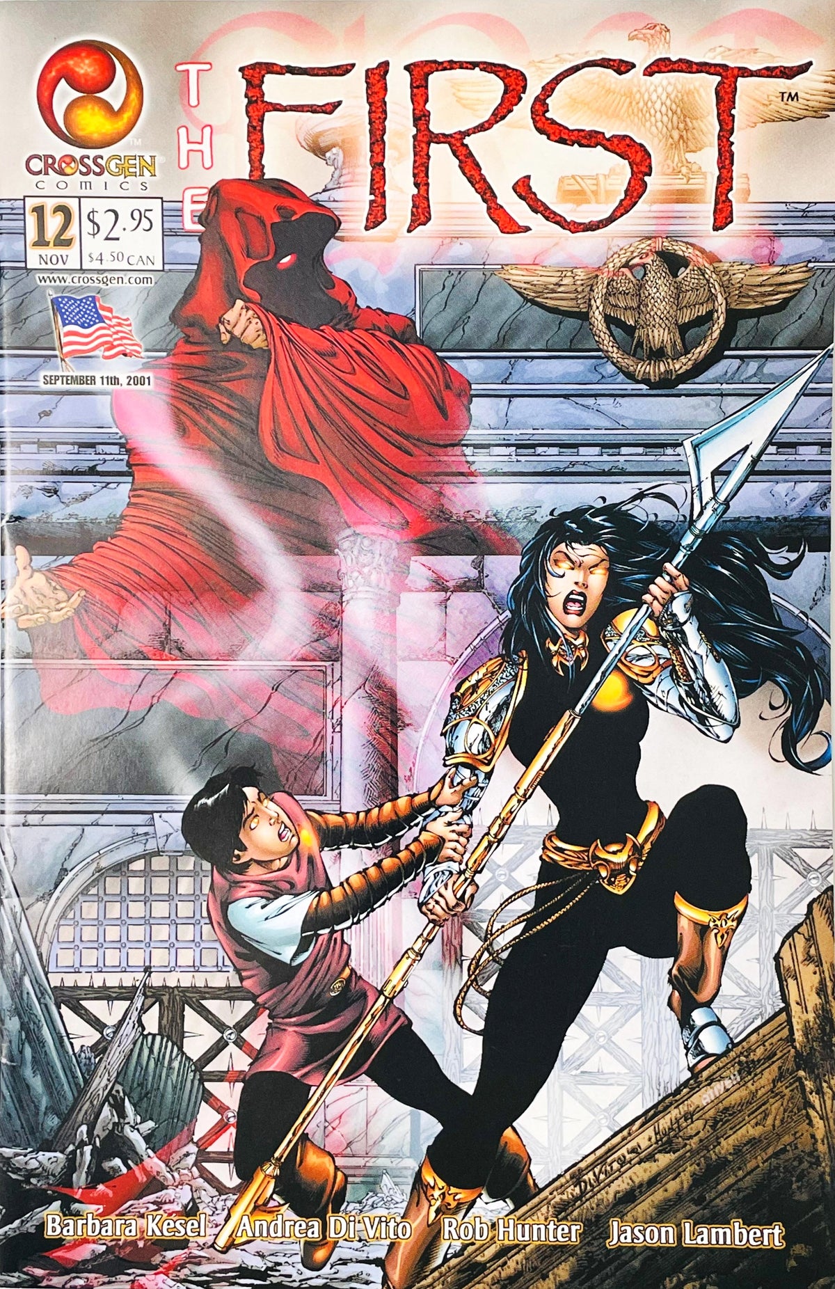 Brae protecting a child with a spear from a red-hooded phantom on Andrea Di Vito cover of The First issue 12.
