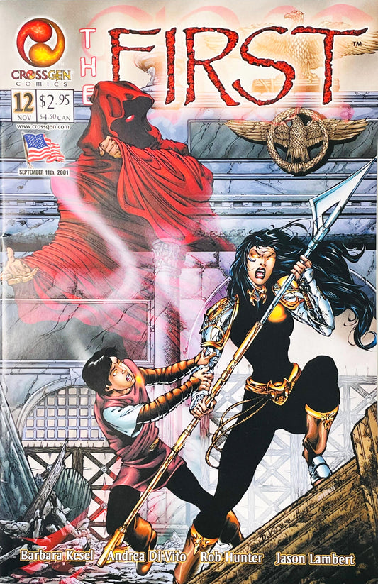 Brae protecting a child with a spear from a red-hooded phantom on Andrea Di Vito cover of The First issue 12.