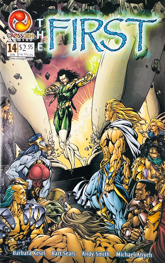 Seahn levitating with glowing green energy amidst falling stone pillars on Bart Sears cover of The First issue 14.