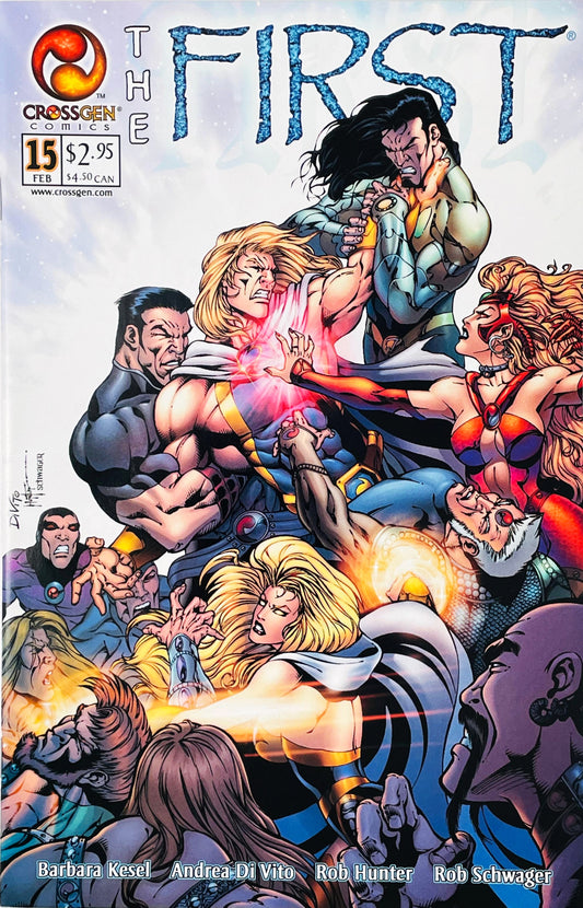 Pyrem in a chaotic battle surrounded by fighting immortals on Andrea Di Vito cover of The First issue 15.