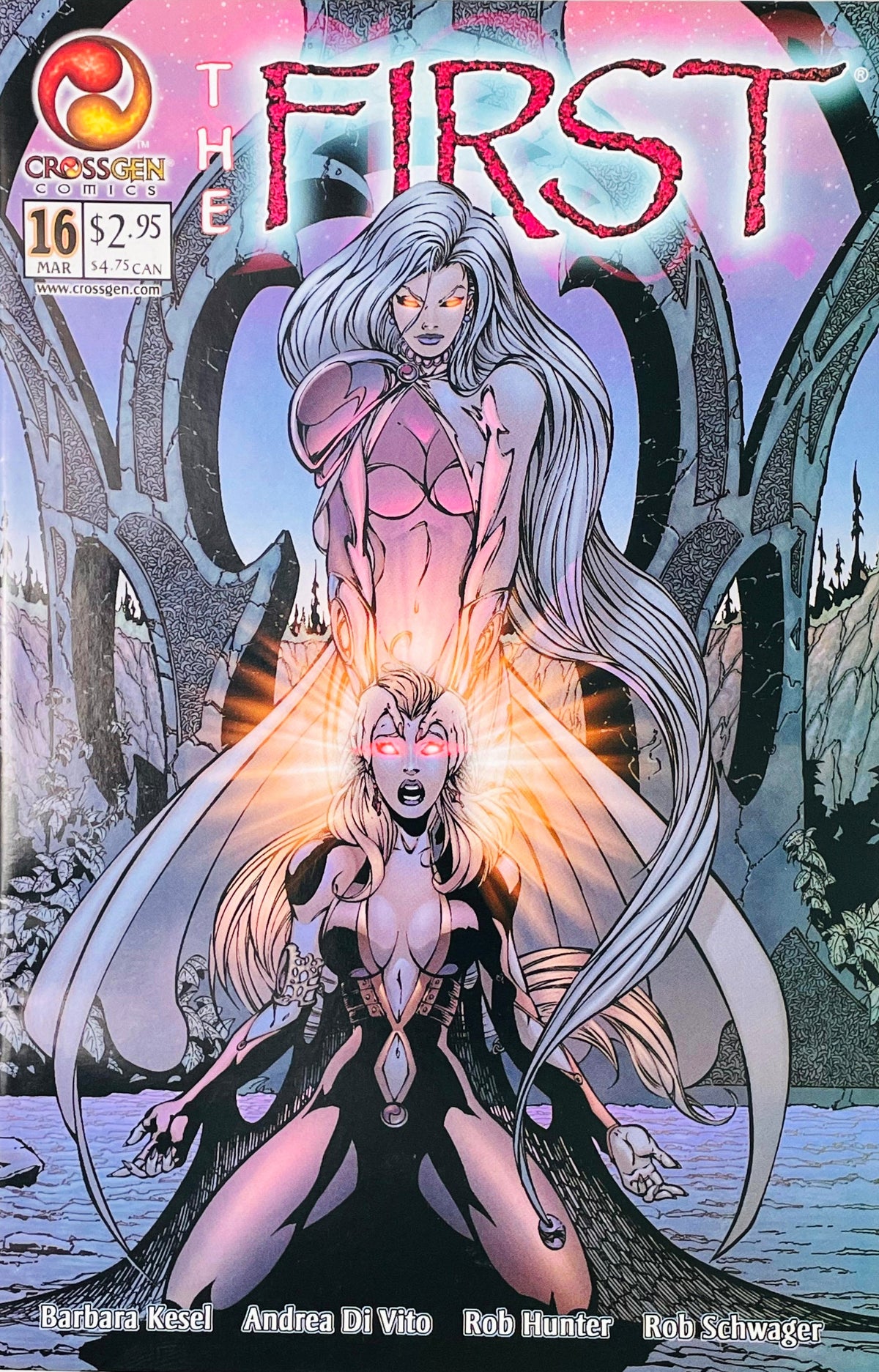 Kneeling female god glowing with orange energy beneath a silver-haired ghost on Andrea Di Vito cover of The First issue 16.