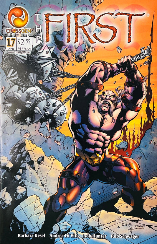 Muscular bearded god Trenax swinging a spiked mace through a crumbling wall on Andrea Di Vito cover of The First issue 17.