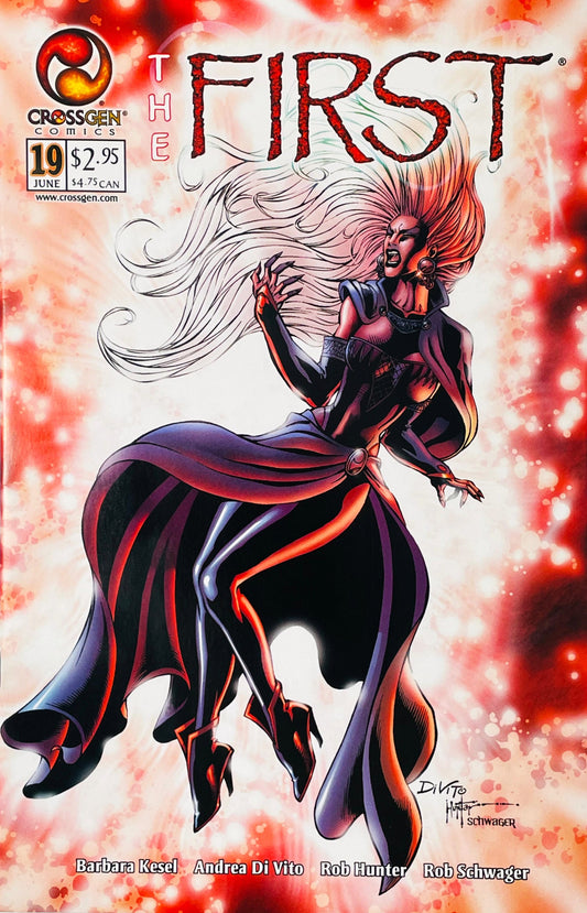Inanna with flowing hair levitating in a crimson energy explosion on Andrea Di Vito cover of The First issue 19.