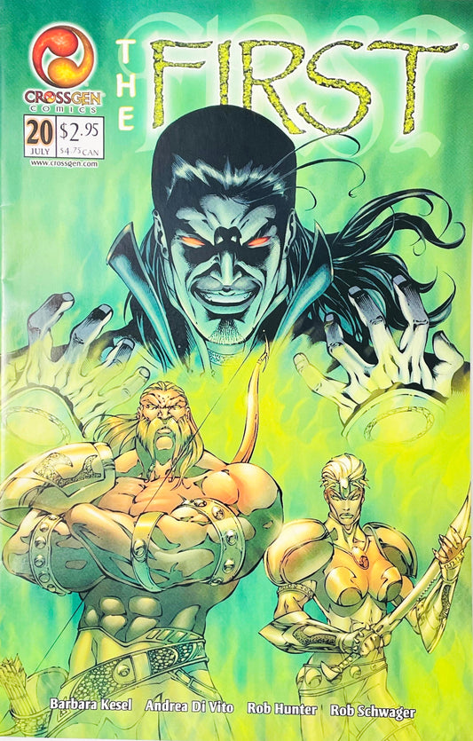 Red-eyed villain looming behind two armored golden warriors in green mist on Andrea Di Vito cover of The First issue 20.