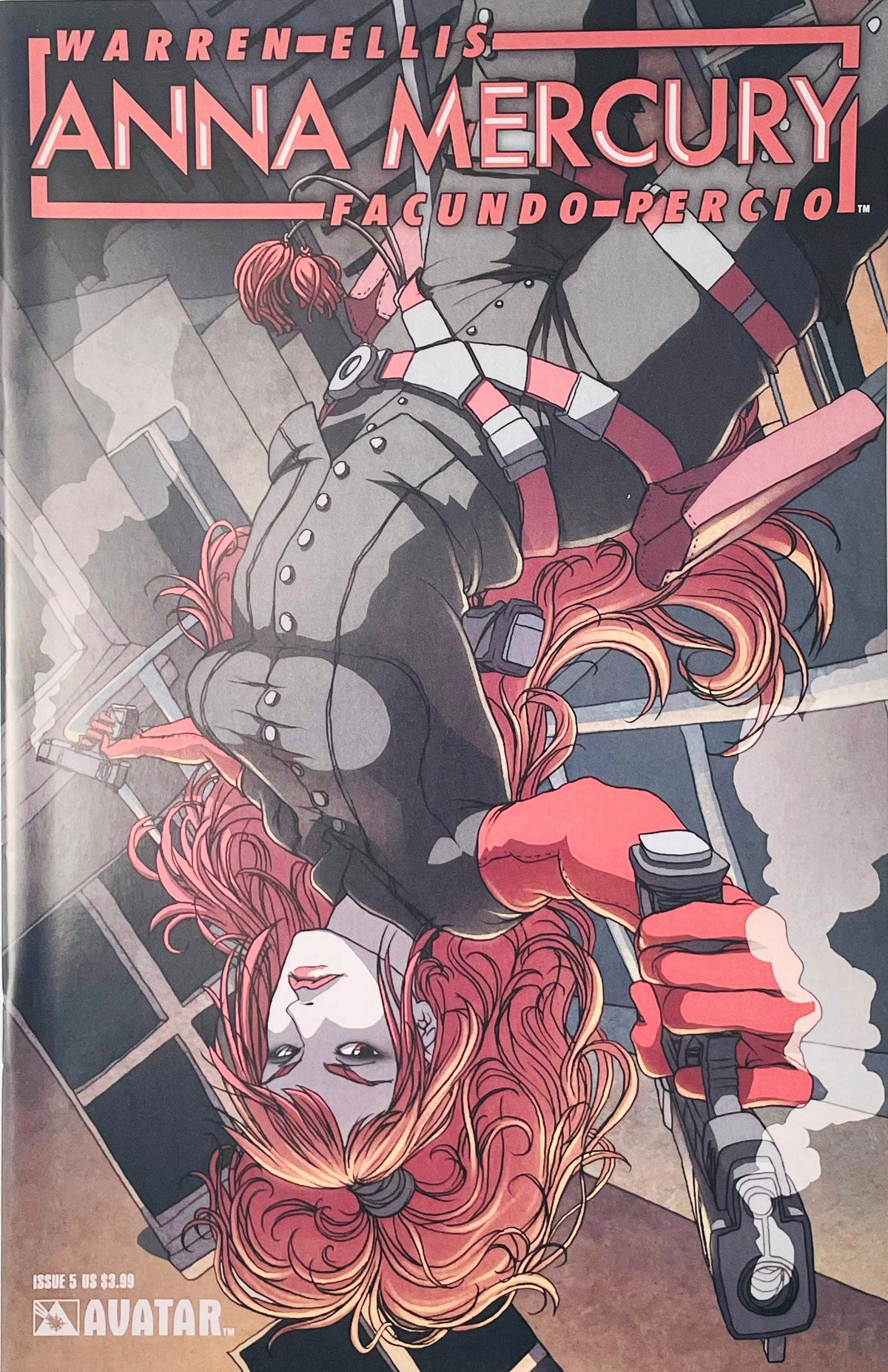 Anna Mercury upside down in mid-air holding smoking twin pistols with flowing red hair on Facundo Percio cover of issue 5.