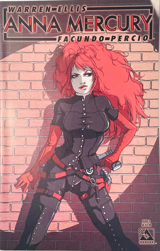 Anna Mercury with wild red hair standing against a red brick wall holding a handgun on Facundo Percio cover of issue 1.