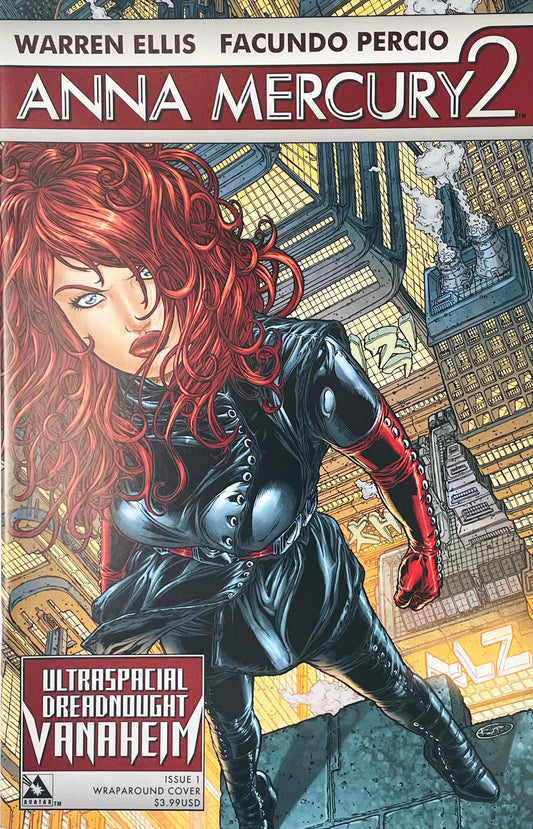 Anna Mercury standing on a high rooftop ledge overlooking a futuristic city on Facundo Percio Wraparound Cover of Anna Mercury 2 issue 1.