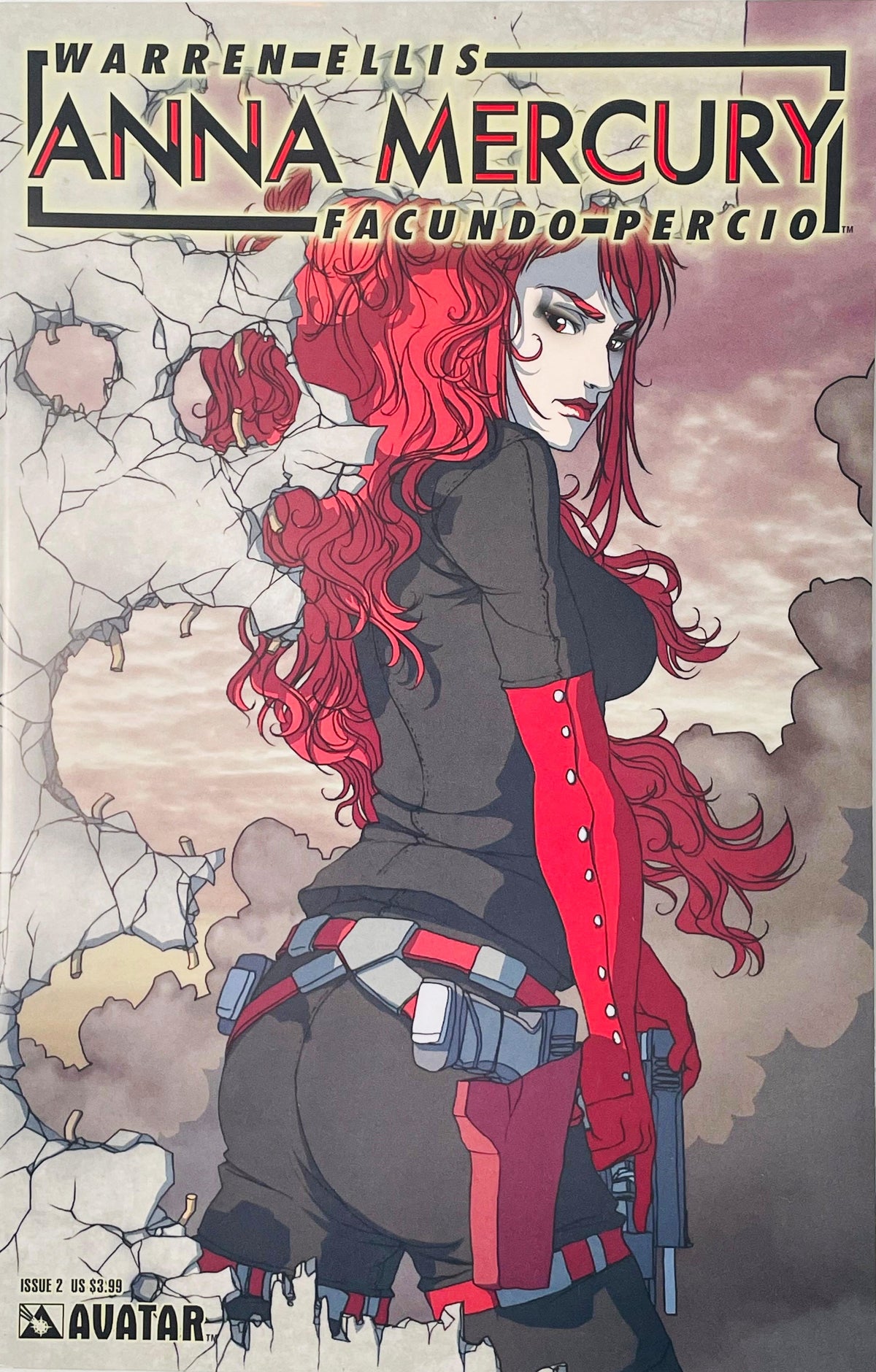 Anna Mercury standing against a cracked wall looking over her shoulder on Facundo Percio cover of issue 2.