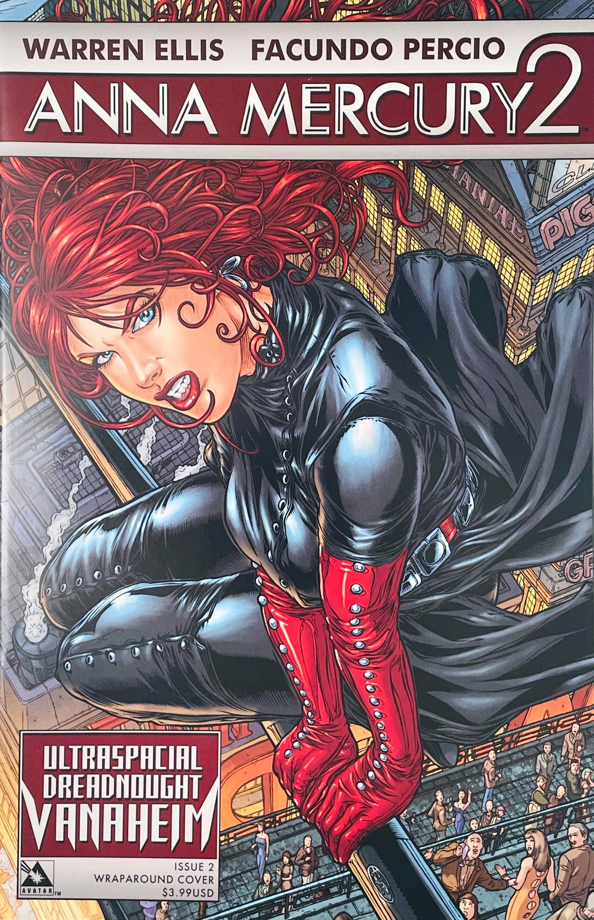 Anna Mercury crouching high above a crowded city street on Facundo Percio Wraparound Cover of Anna Mercury 2 issue 2.