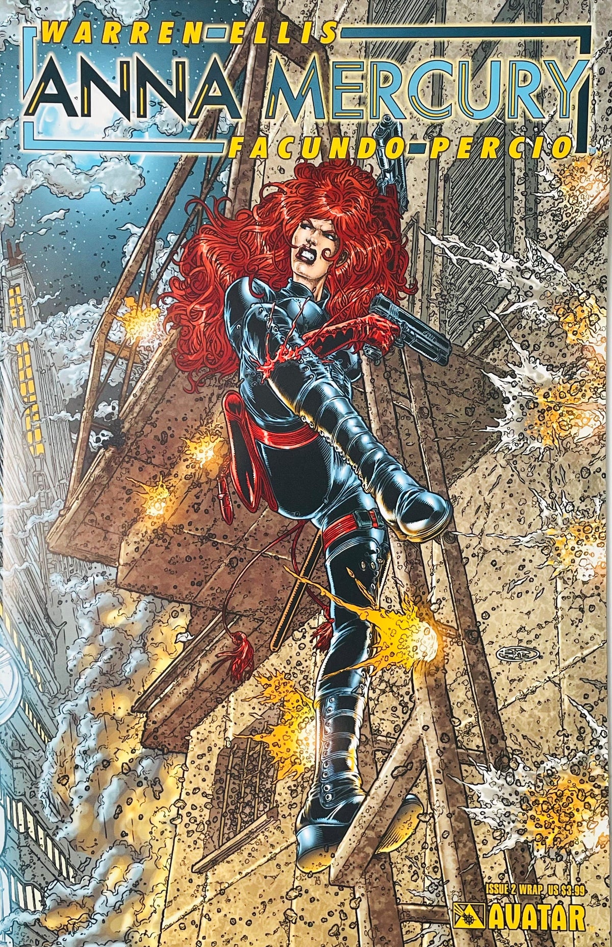 Anna Mercury leaping through exploding building scaffolding under gunfire on Facundo Percio Wraparound Cover of Anna Mercury issue 2.