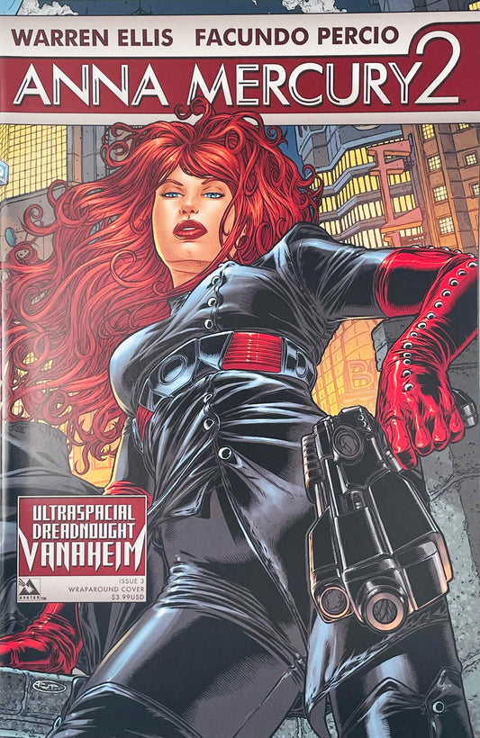 Low angle portrait of Anna Mercury holding a futuristic handgun on Facundo Percio Wraparound Cover of Anna Mercury 2 issue 3.