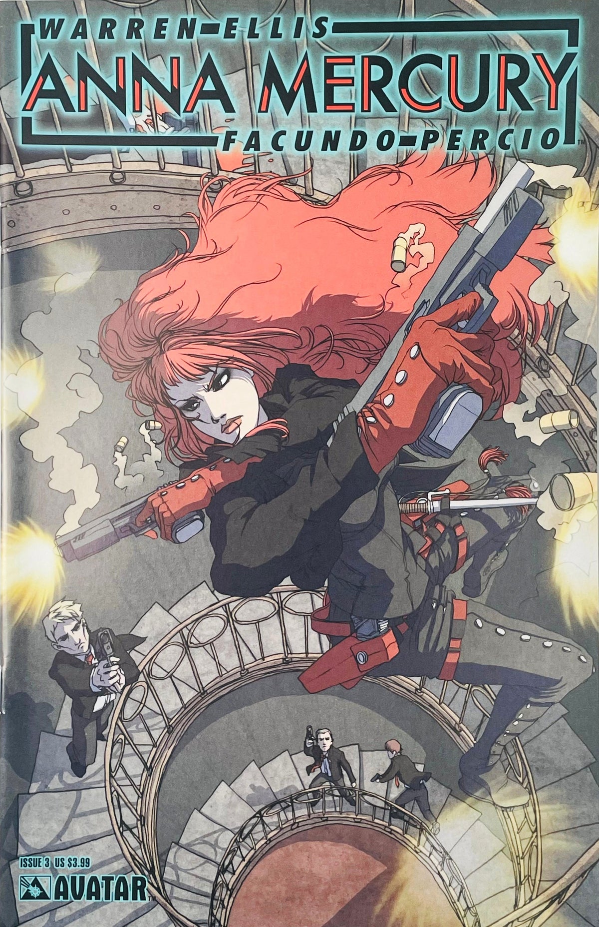 Anna Mercury leaping down a spiral staircase firing large rifles in a firefight on Facundo Percio cover of issue 3.