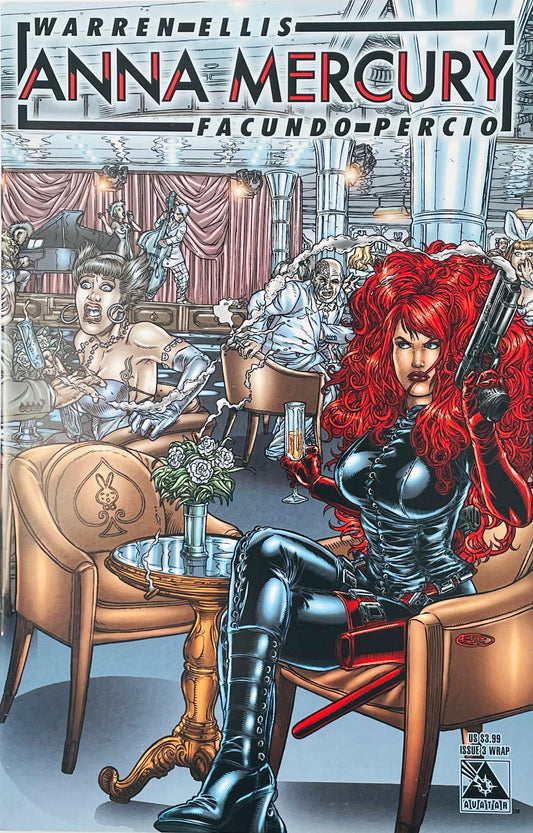 Anna Mercury sitting in an armchair holding a champagne glass and raised pistol on Facundo Percio Wraparound Cover of Anna Mercury issue 3.