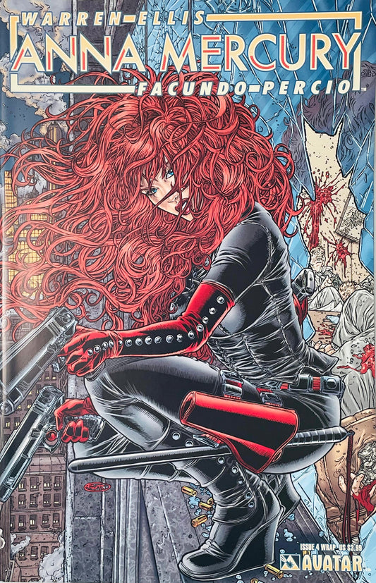 Anna Mercury crouching beside a broken window with twin pistols on Facundo Percio Wraparound Cover of Anna Mercury issue 4.