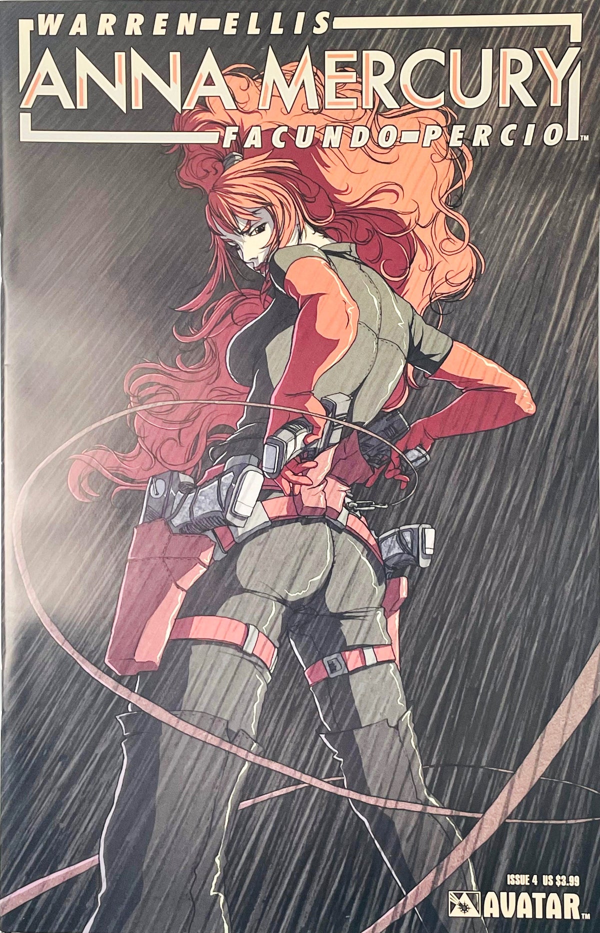 Anna Mercury looking over her shoulder in heavy rain with holstered handguns on Facundo Percio cover of issue 4.