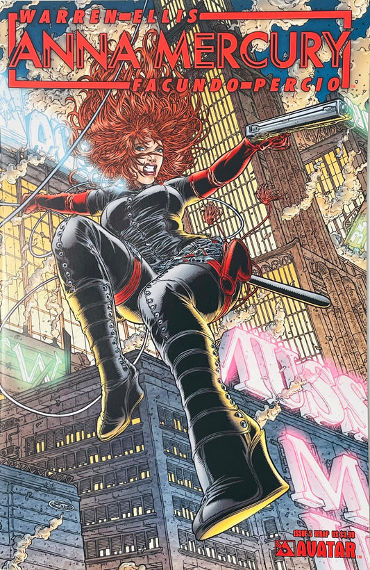 Anna Mercury ziplining through skyscrapers aiming a handgun on Facundo Percio Wraparound Cover of Anna Mercury issue 5.