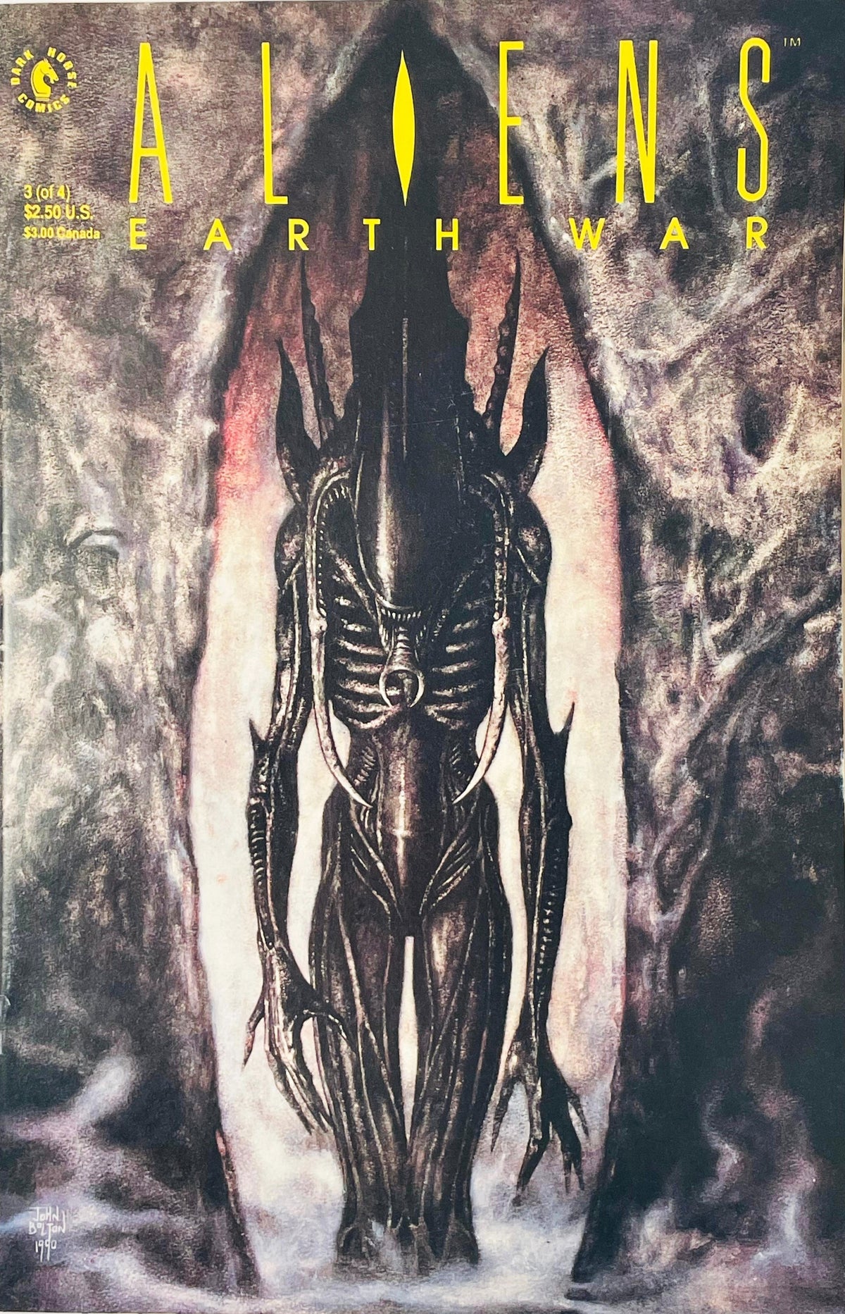 Full-body painted portrait of a Xenomorph standing inside an organic portal on John Bolton cover of Aliens Earth War issue 3.