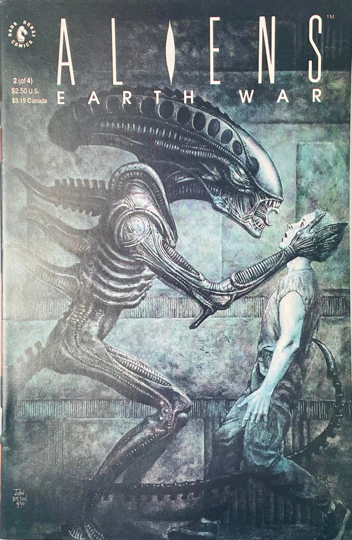 Painted illustration of a Xenomorph holding a terrified person's head on John Bolton cover of Aliens Earth War issue 2.