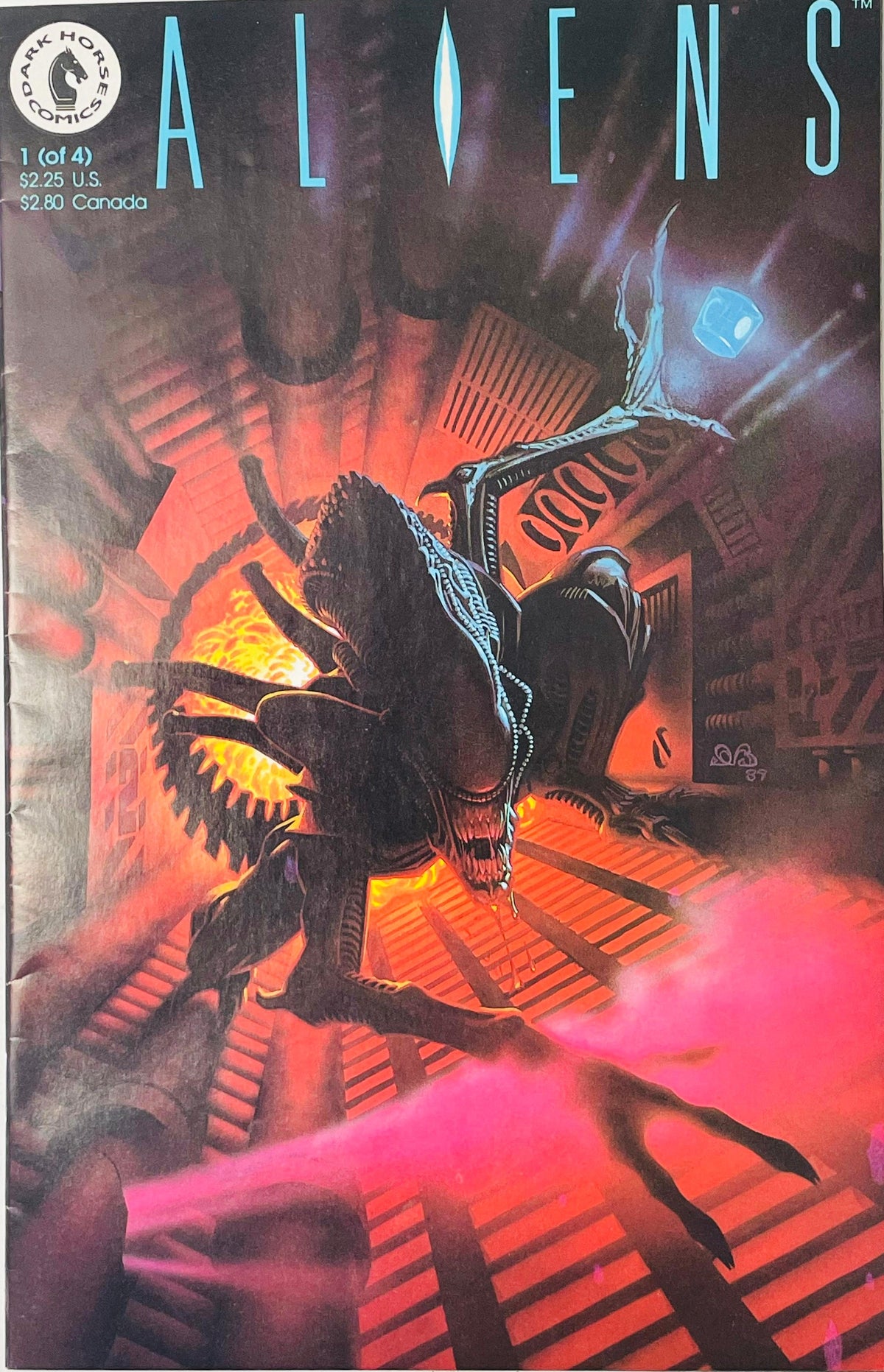 Painted illustration of a Xenomorph crawling down an industrial shaft with red backlighting on Denis Beauvais cover of Aliens issue 1.