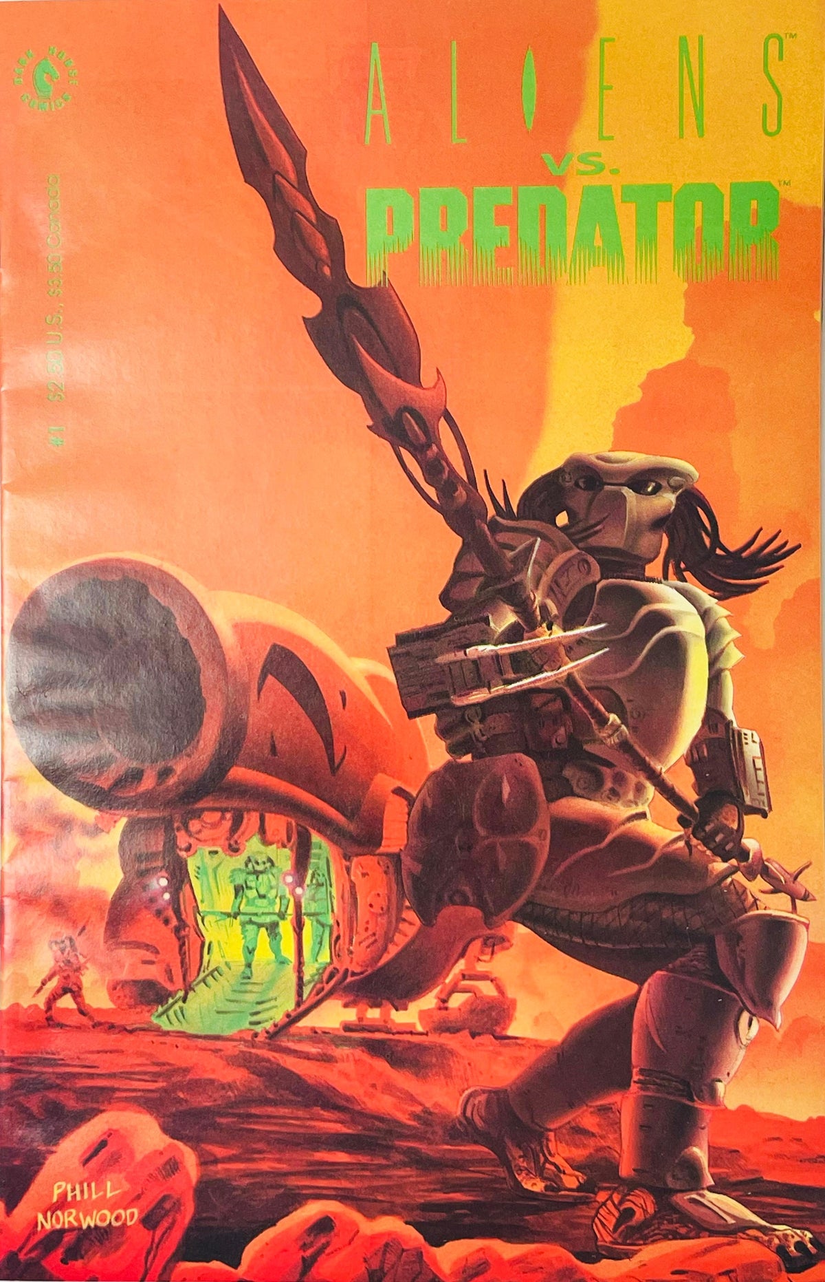 Predator warrior with a spear standing on an alien planet in front of a spaceship on Phill Norwood cover of Aliens vs Predator issue 1.