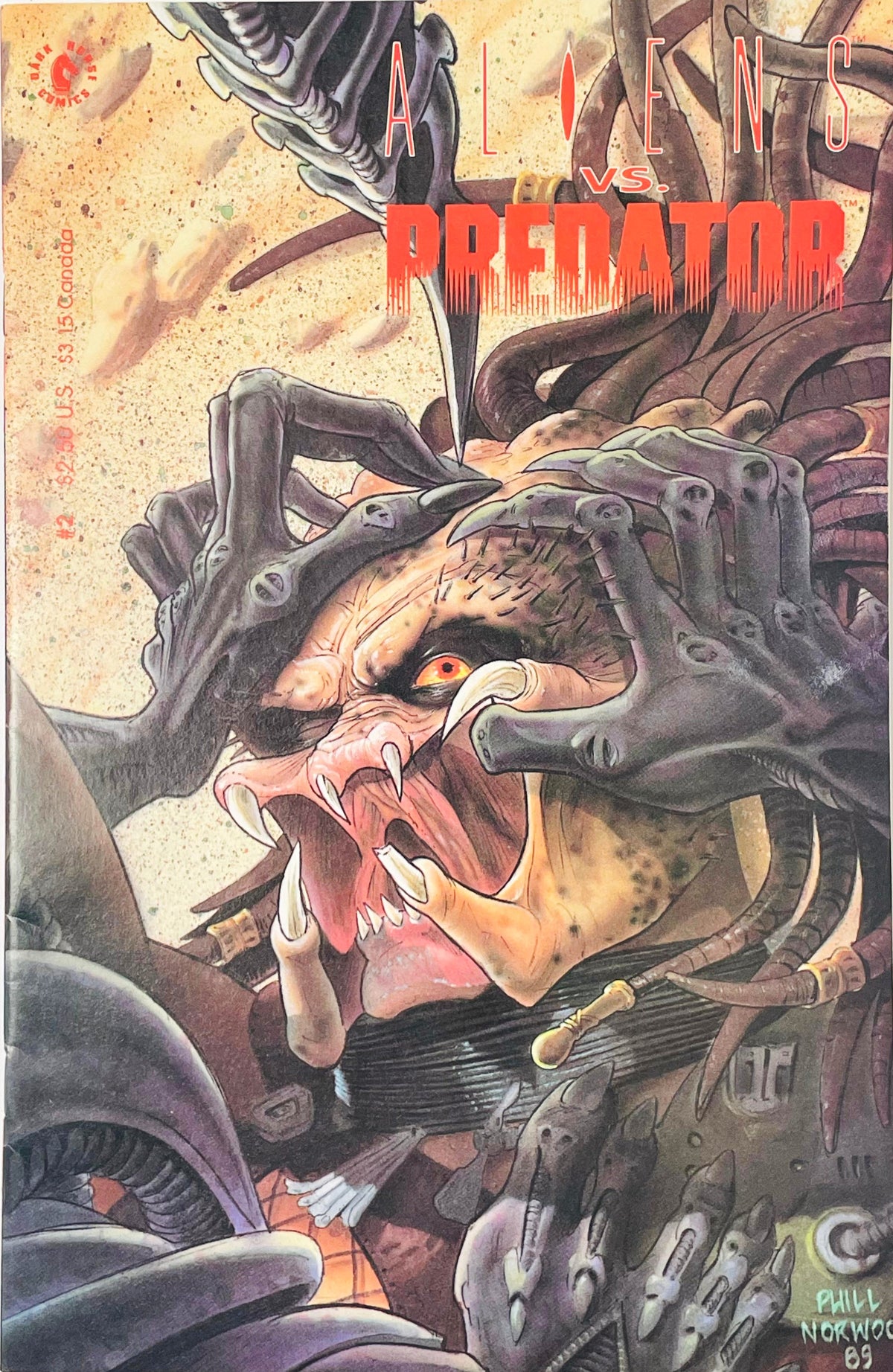 Xenomorph alien clawing at an unmasked Predator head in combat on Phill Norwood cover of Aliens vs Predator issue 2.