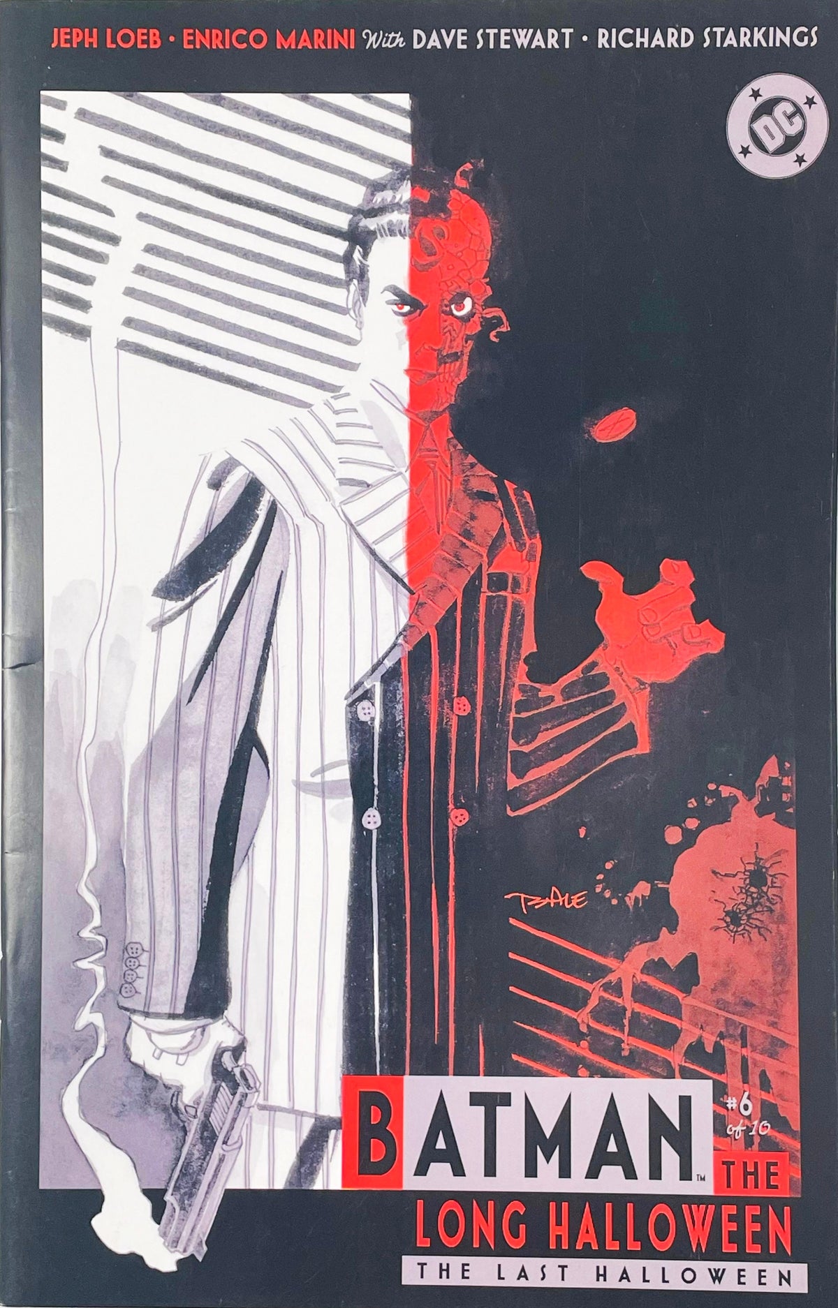 Split-tone portrait of Two-Face holding a smoking gun and flipping a coin on Enrico Marini cover of Batman The Long Halloween The Last Halloween issue 6.