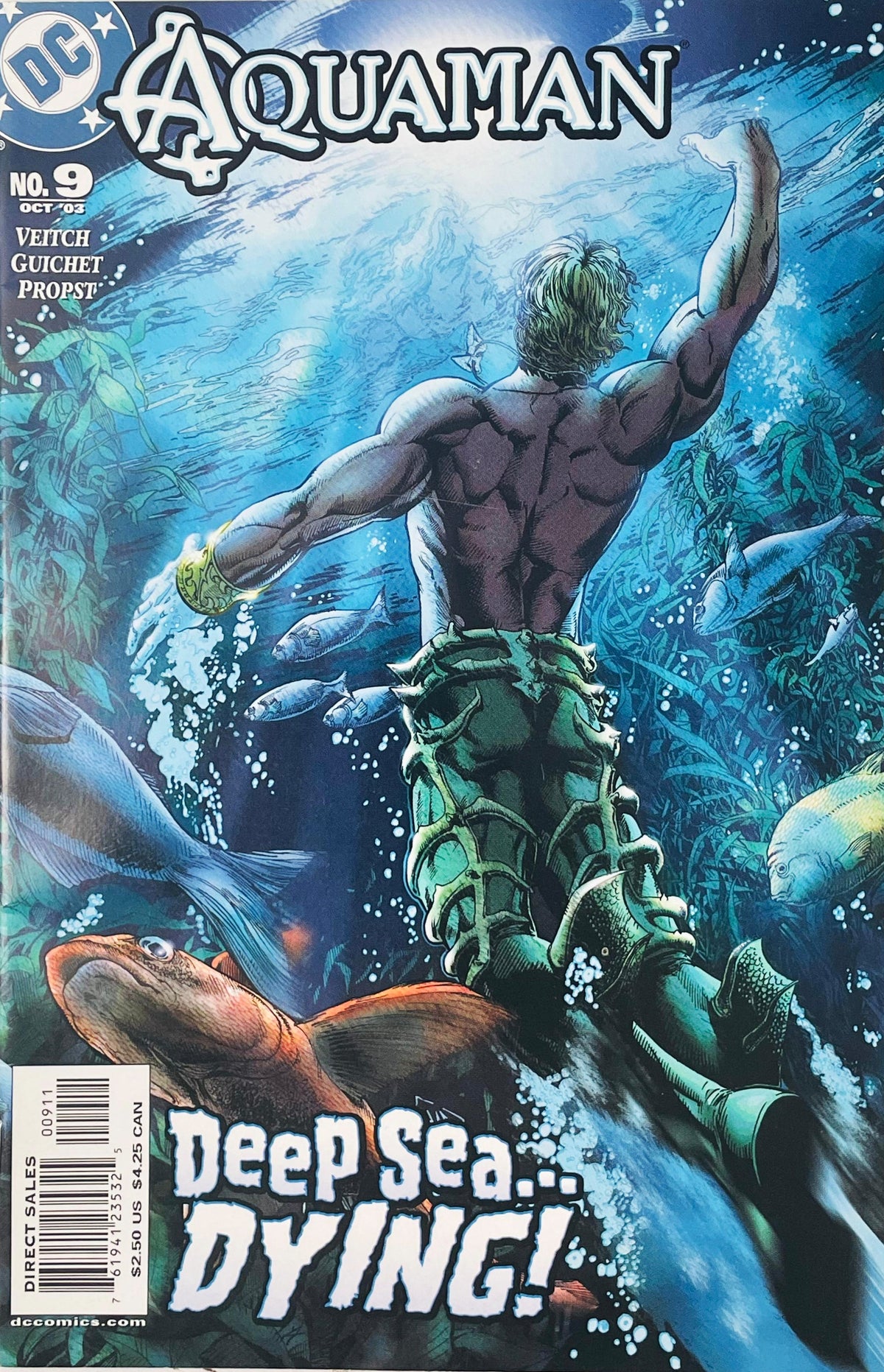 Aquaman swimming up toward light through ocean kelp beds and fish on cover of Aquaman issue 9.