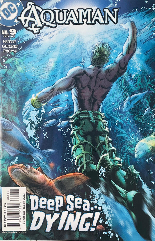 Aquaman swimming up toward light through ocean kelp beds and fish on cover of Aquaman issue 9.