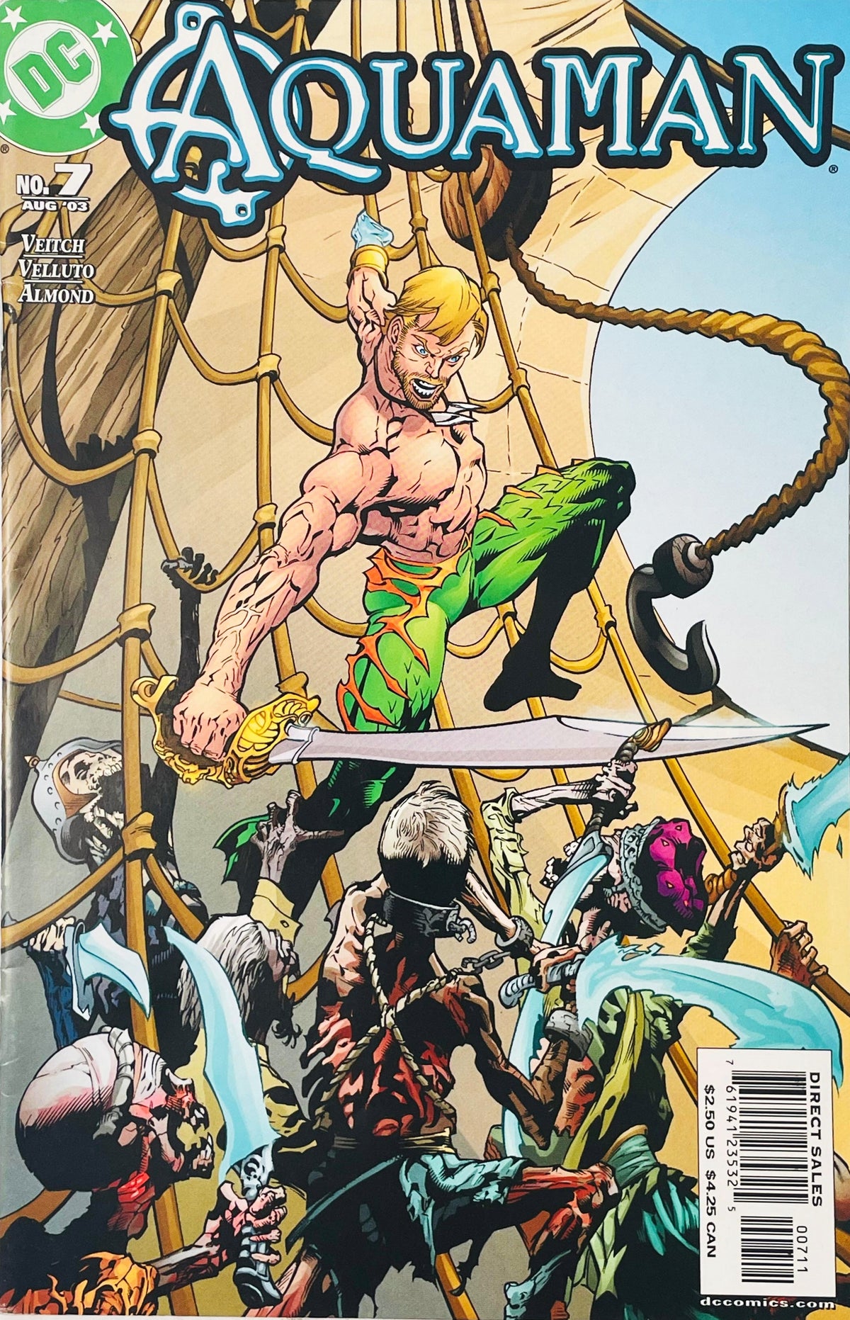 Aquaman wielding a sword fighting undead skeleton pirates on the rigging of a ship on cover of Aquaman issue 7.