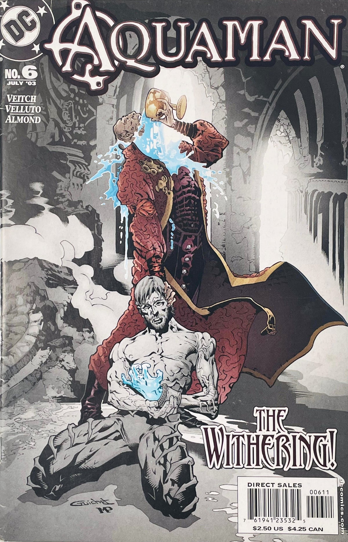 Bearded Arthur Curry kneeling with glowing blue energy in a ruined hall while a figure drinks from a chalice on cover of Aquaman issue 6.