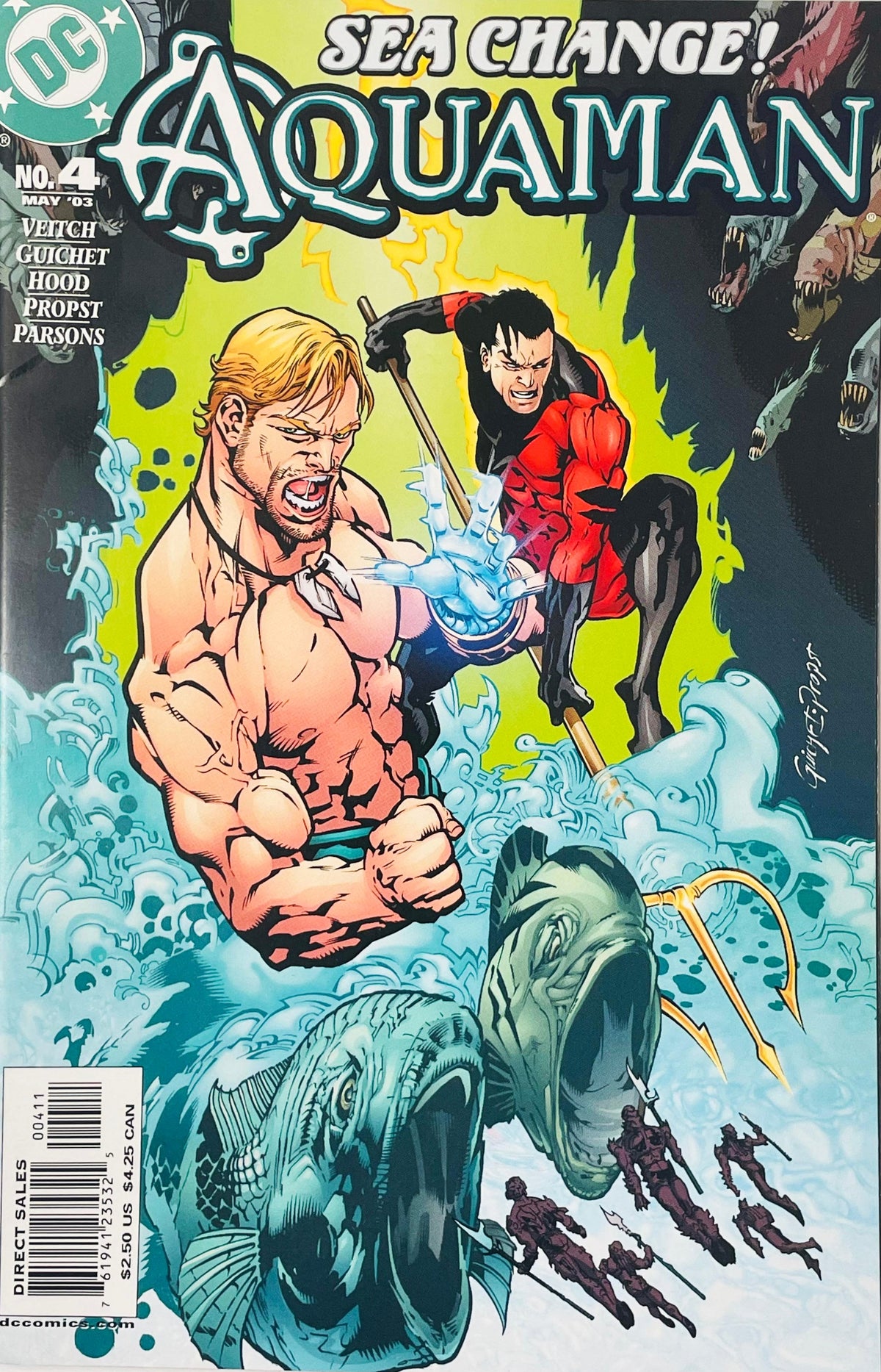 Aquaman channeling glowing water power alongside Tempest in crashing ocean waves on cover of Aquaman issue 4.