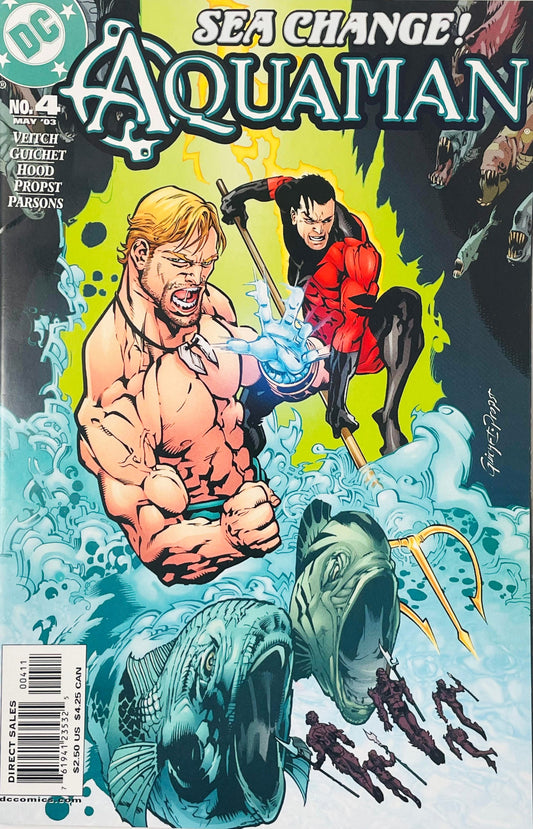 Aquaman channeling glowing water power alongside Tempest in crashing ocean waves on cover of Aquaman issue 4.