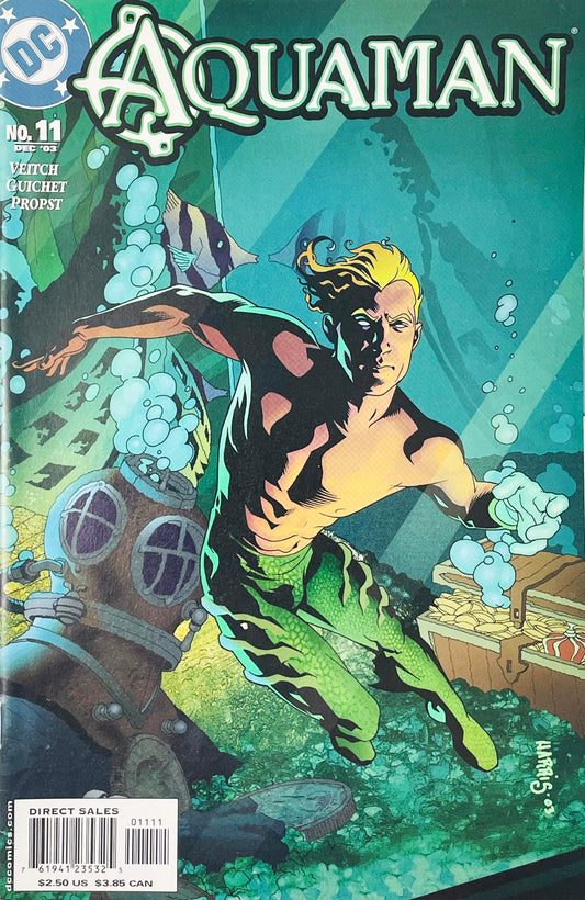 Aquaman swimming past an old diving suit and a chest of gold coins on Tony Harris cover of Aquaman issue 11.