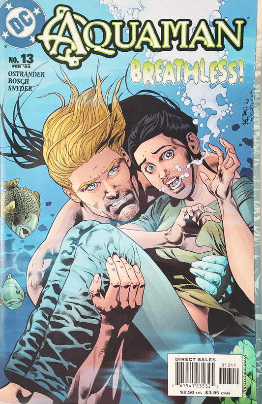 Aquaman carrying a struggling woman underwater with air bubbles escaping her mouth on Trevor McCarthy cover of Aquaman issue 13.