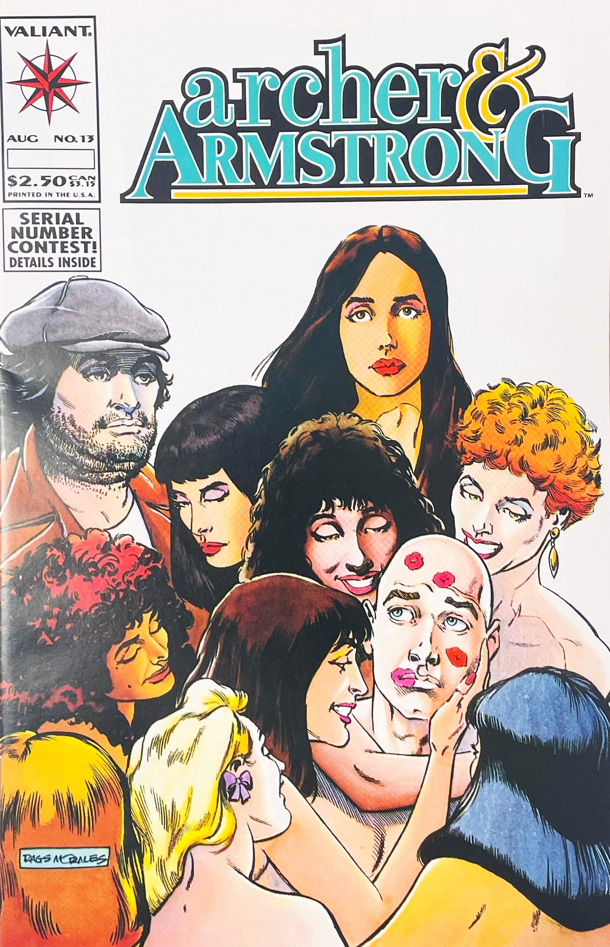 Lipstick-covered Obadiah Archer mobbed by admiring women while Armstrong looks on on cover of Archer and Armstrong issue 13.
