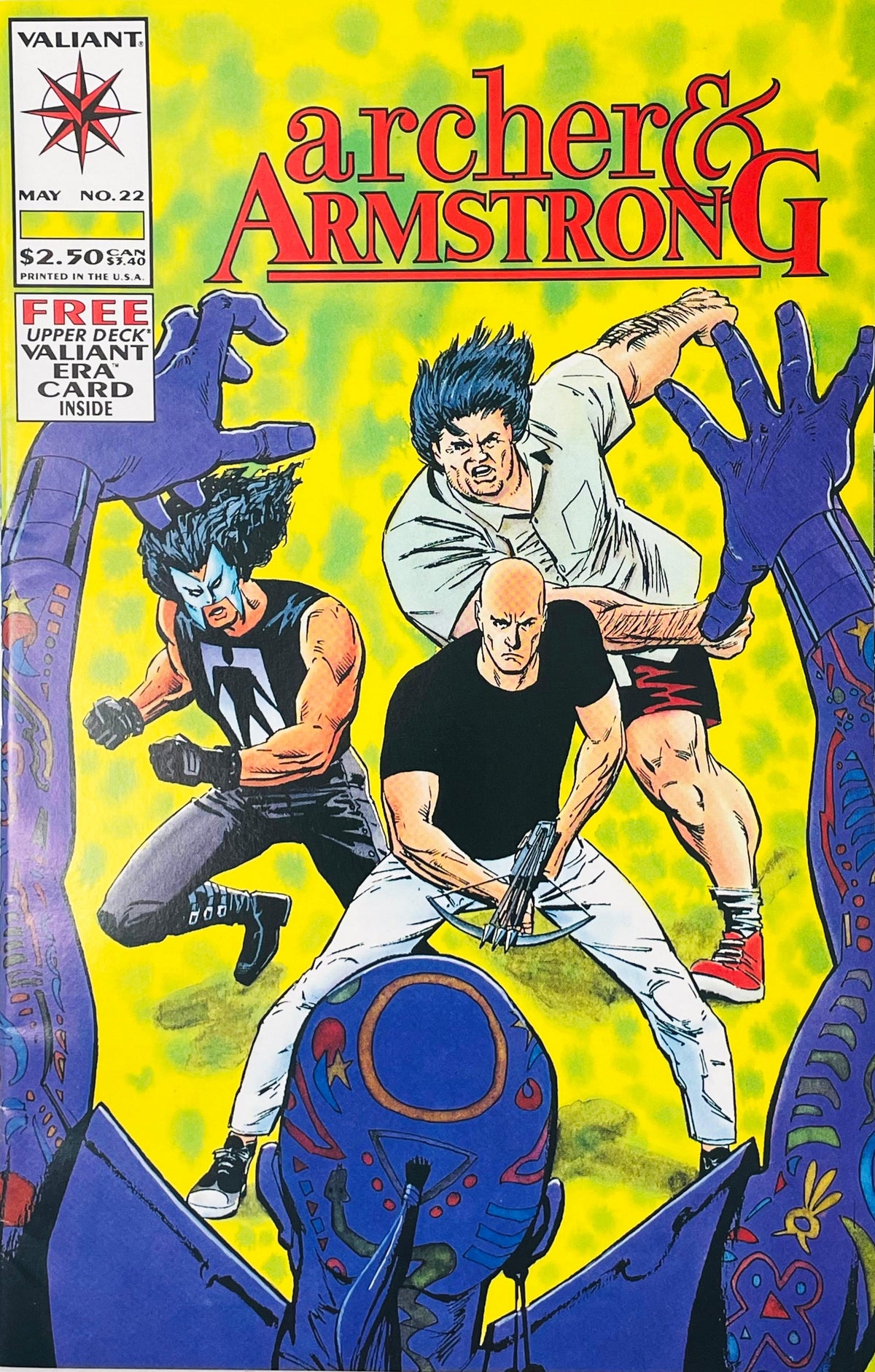 Archer aiming a crossbow alongside Armstrong and Timewalker on cover of Archer and Armstrong issue 22.