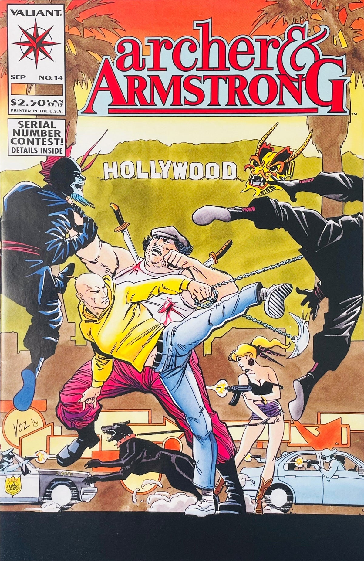 Archer delivering a flying kick alongside Armstrong battling ninjas near the Hollywood sign on cover of Archer and Armstrong issue 14.