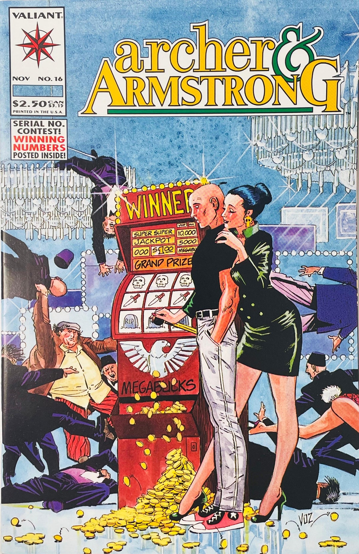 Obadiah Archer hitting a casino slot machine jackpot with coins flying and chaos around him on cover of Archer and Armstrong issue 16.