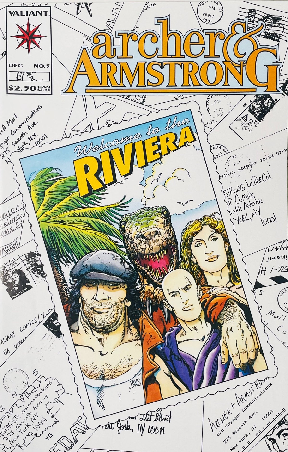 Postcard style illustration of Archer, Armstrong, and a dinosaur under palm trees on cover of Archer and Armstrong issue 5.