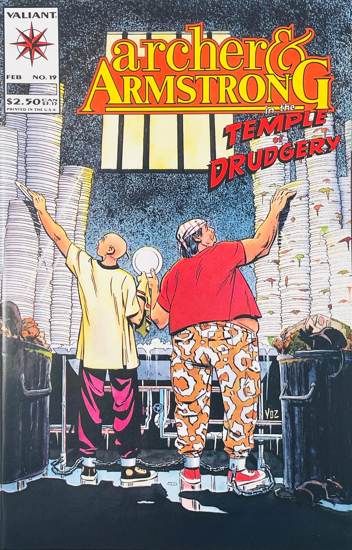 Archer and Armstrong chained together by their ankles washing towering stacks of plates on cover of Archer and Armstrong issue 19.