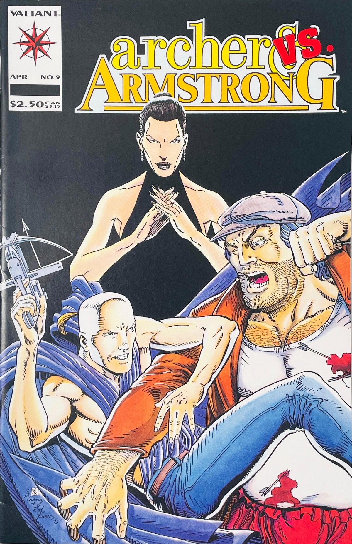 Archer aiming a crossbow alongside Armstrong fighting beneath a dark looming female villain on cover of Archer and Armstrong issue 9.