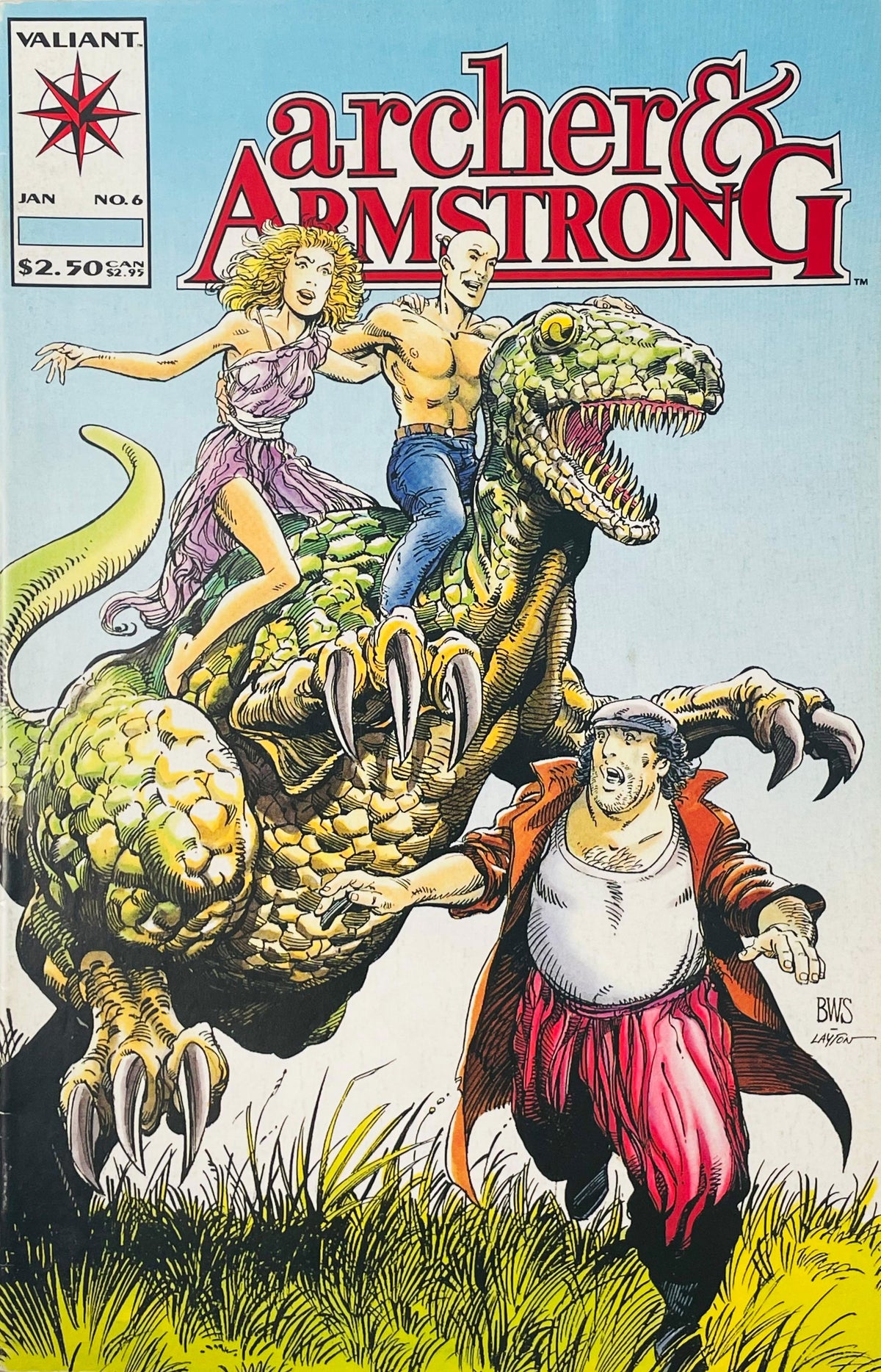 Obadiah Archer riding a giant dinosaur chasing Armstrong on Barry Windsor Smith cover of Archer and Armstrong issue 6.