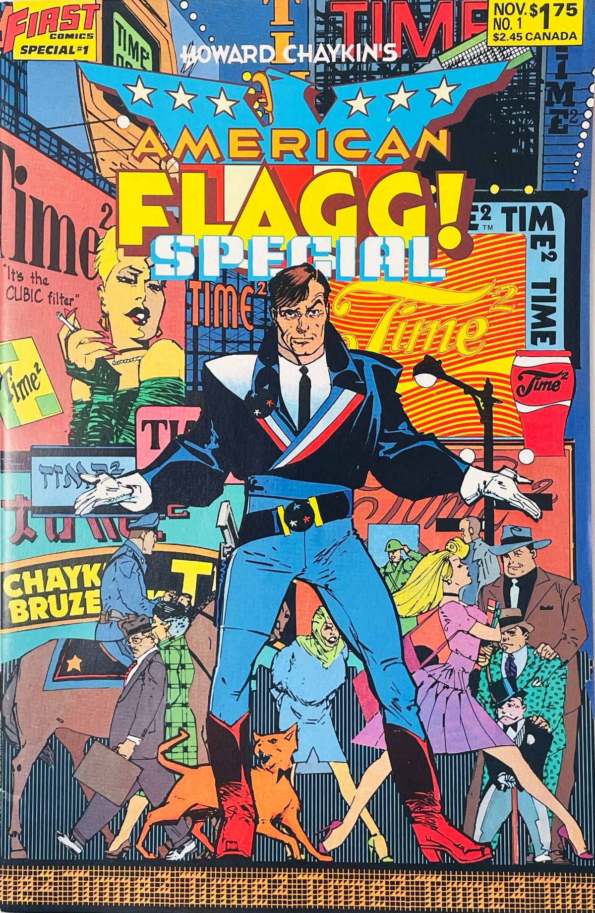 Reuben Flagg standing in a full-body heroic pose surrounded by a crowded neon cityscape on Howard Chaykin cover of American Flagg Special issue 1.