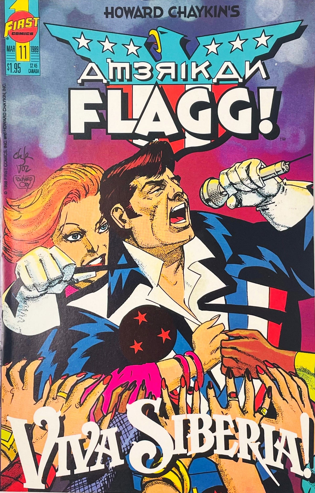 Dark-haired man singing into a microphone next to a red-haired woman with Viva Siberia banner on Howard Chaykin cover of American Flagg issue 11.