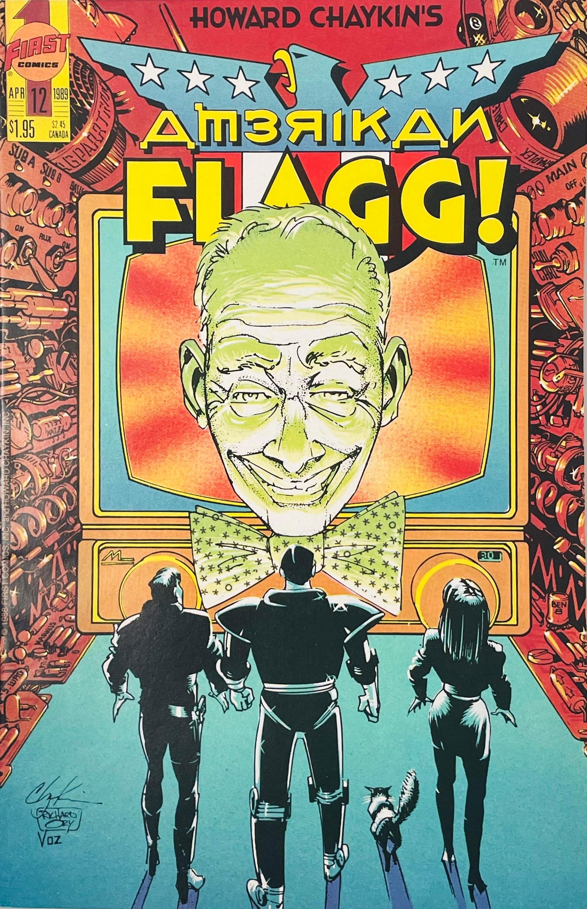 Reuben Flagg and allies facing a giant television screen with a smiling face on Howard Chaykin cover of American Flagg issue 12.