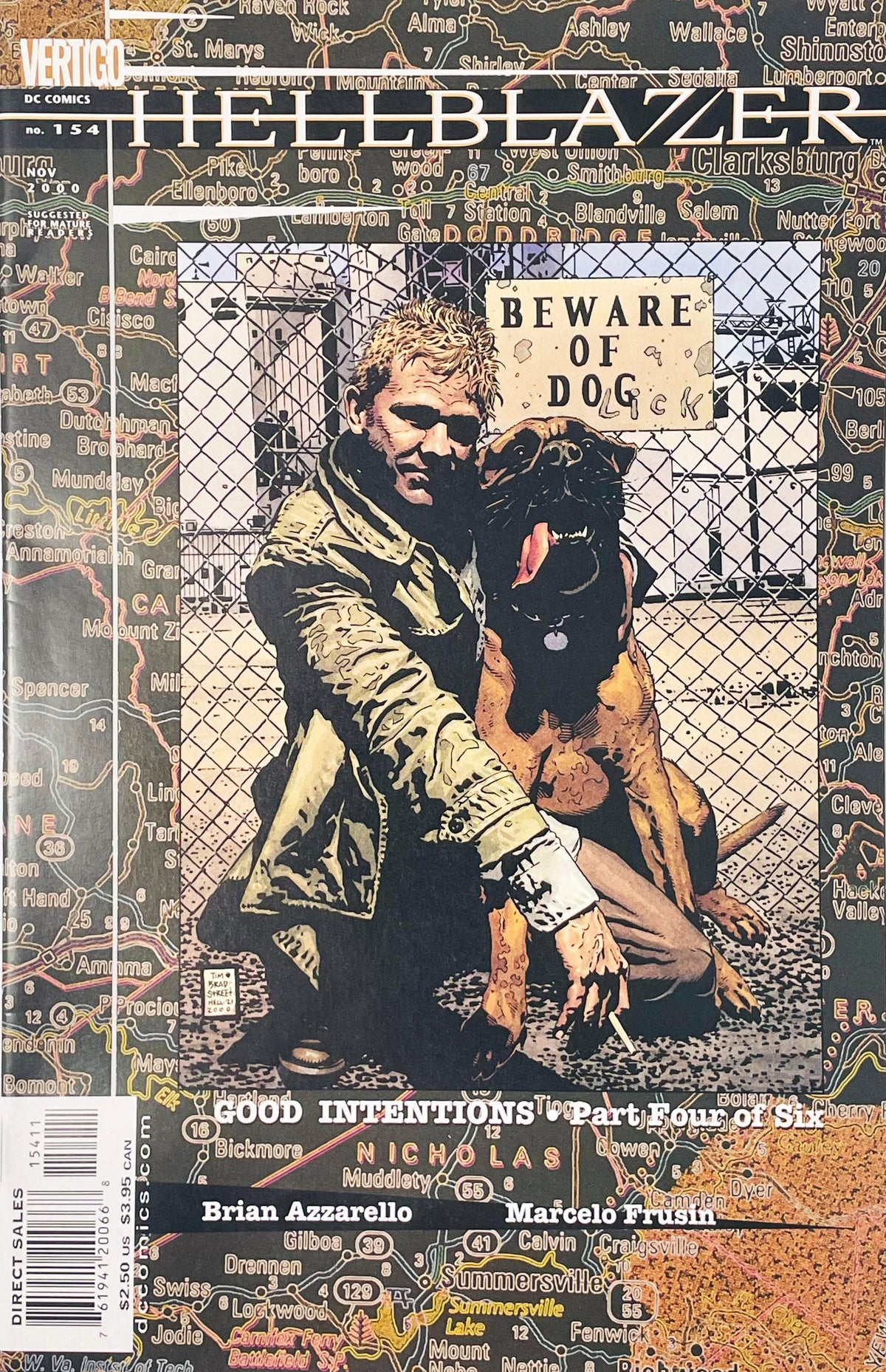 John Constantine kneeling next to a large guard dog by a chain-link fence on Tim Bradstreet photo cover of Hellblazer issue 154.