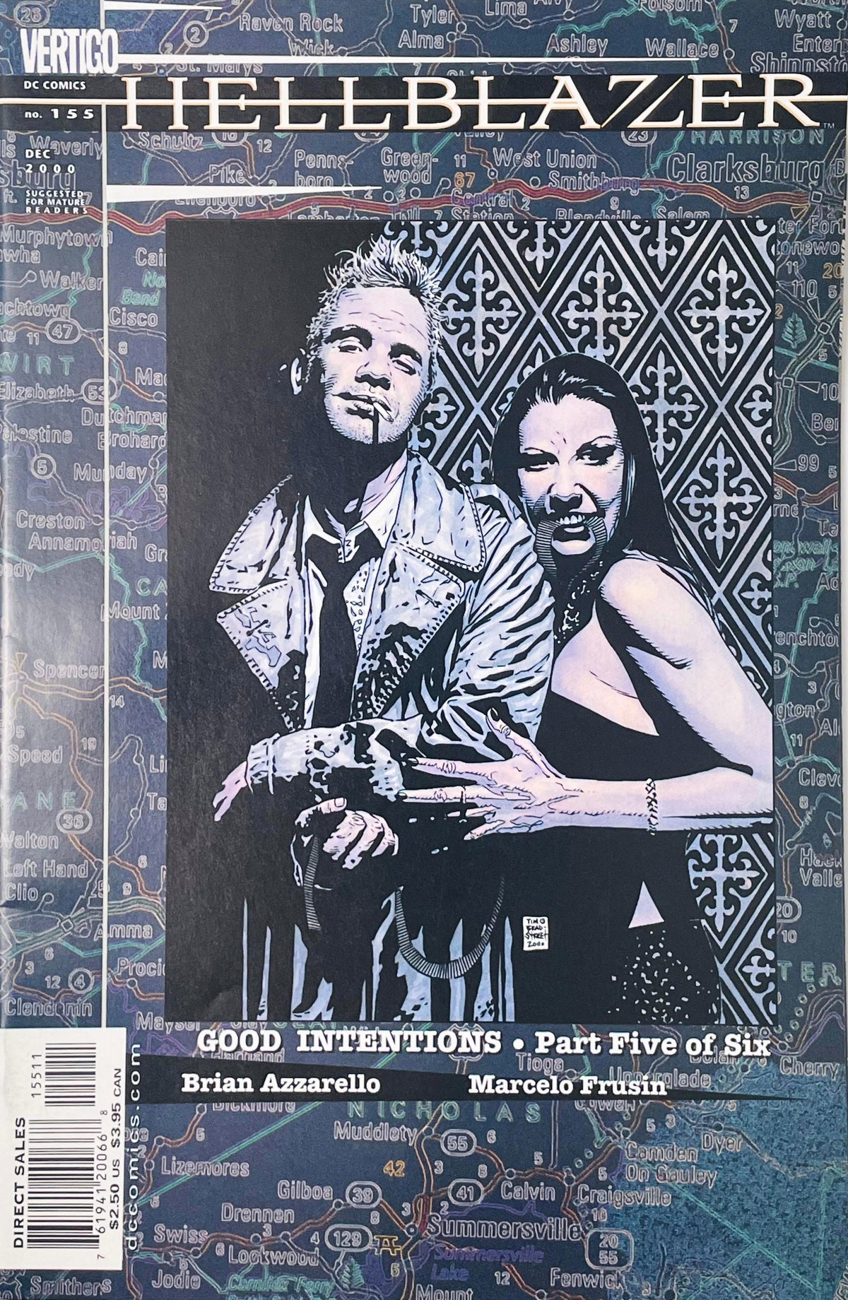 John Constantine with a cigarette in trench coat next to a woman on Tim Bradstreet photo cover of Hellblazer issue 155.